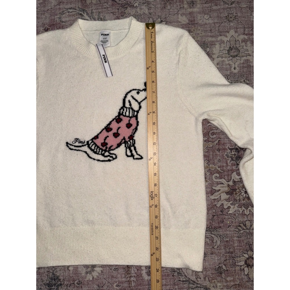 Victoria's Secret PINK Dog Graphic Crewneck Sweater Cream Ivory Heart Small NEW - Picture 6 of 7
